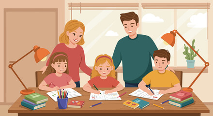 Family studying at a desk with lamps and books