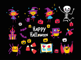 Cute Halloween Cartoon Stockers Witches, Skeleton, Pumpkins and Bats. Happy Halloween Illustration