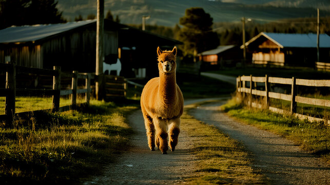 Golden hour sunlight illuminates a lone alpaca walking down a rustic farm path