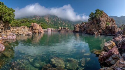 Crystal-clear water pool surrounded by rocks and mountains.