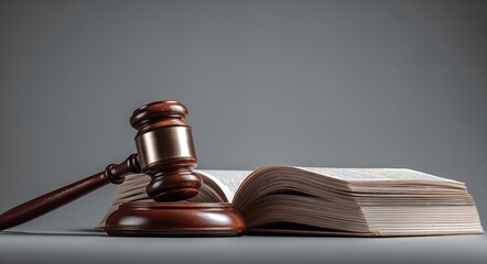 Gavel and book on a gray background, stock photo for a law concept, Generative AI.