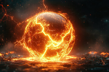 Fiery sphere with electrical energy crackling across its surface, set against a dark background.