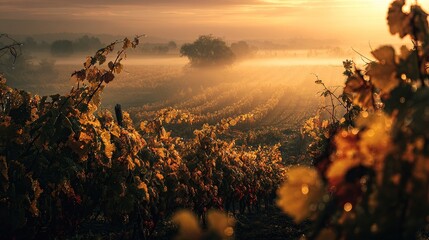 Golden sunrise bathes a vineyard, fog in the valley, with autumn leaves in sharp focus
