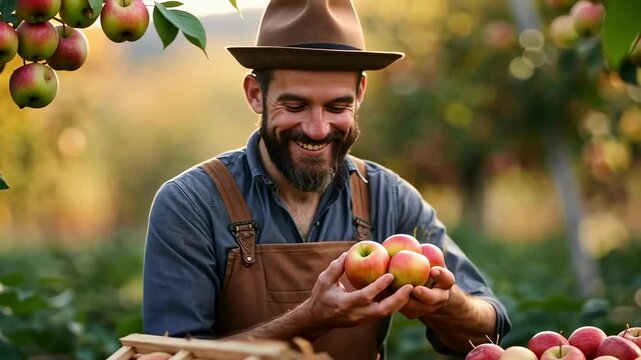a happy farmer harvests a good harvest of apples in the garden