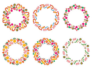 Assorted candy round frame set. Candy sweet circle rims collection. Blank caramel round shape border, vector graphic