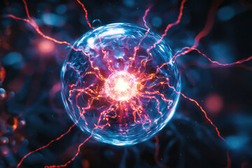 A vibrant plasma sphere with electric currents, radiating energy and light in a dark background.