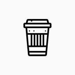 Stylized black line art of a disposable coffee cup with lid and textured design.