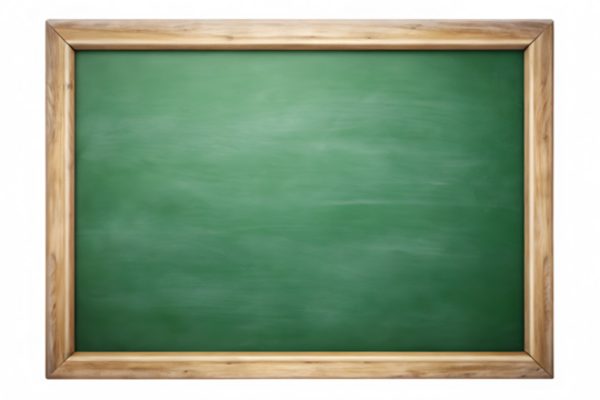 Empty green chalkboard with wooden frame isolated on transparent background for school and learning