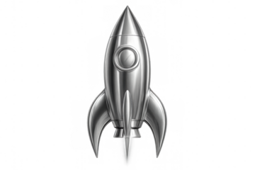 Metallic rocket ship launching into space, with a transparent background for seamless integration into any design project