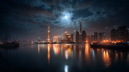 A cityscape at night featuring illuminated skyscrapers reflecting on a calm river under a cloudy sky, with boats anchored along the water's edge.