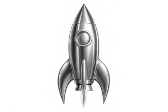 Metallic rocket ship launching into space, with a transparent background for seamless integration into any design project