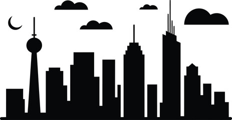 Obraz premium City Skyline at Night Silhouette with Crescent Moon and Clouds Urban Landscape Illustration