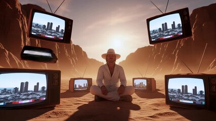 Man meditating on desert sand surrounded by retro televisions, meditation brings inner focus, meditation blocks digital noise, meditation restores balance and calm. Concept of digital detox - Powered by Adobe