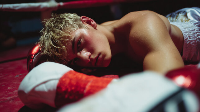 A young boxer with wet hair lies on the mat in a boxing ring, wearing red gloves and white shorts, looking exhausted after a match, with sweat on his skin.