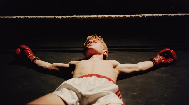 A boxer in red gloves and white shorts lies flat on his back on the boxing ring mat, arms extended, after a match, possibly indicating exhaustion or defeat. - Powered by Adobe