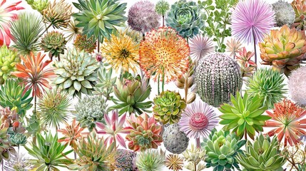 A colorful collection of succulents and desert plants.