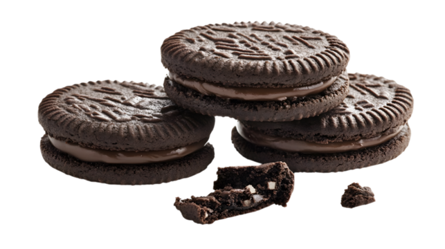 Three chocolate cookies stacked on top of each other
