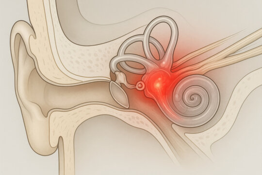 Lateral anatomical cutaway view of the inner ear showing inflamed labyrinth with red glow. Transparent overlay highlights cochlea, semicircular canals, and vestibular nerve. Clean medical style.