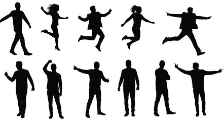 Obraz premium Collection of diverse silhouettes of people jumping and standing in energetic poses against a white background