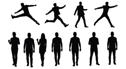 Collection of diverse human silhouettes in dynamic poses and standing positions against a white background
