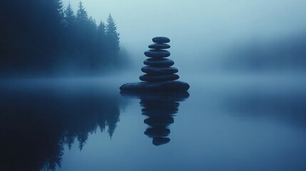Obraz premium Misty lake scene with balanced stones