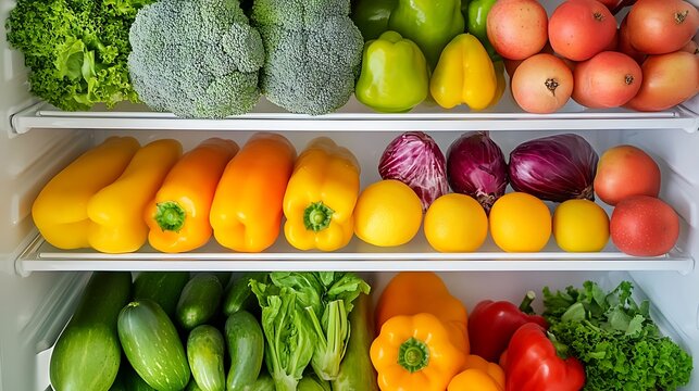 Open refrigerator filled with fresh fruits and vegetables organized on shelves
