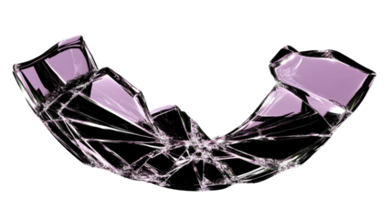 Broken transparent object with purple hue on clear background