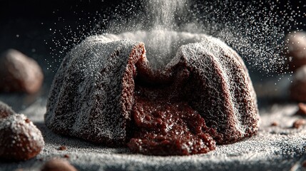 and set of keywords based on the image, following your instructions

 Cake Sprinkled with Powdered Sugar on Table (Molten Core Dessert Still Life)