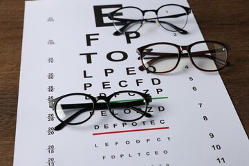 Vision test chart and glasses on wooden table, closeup