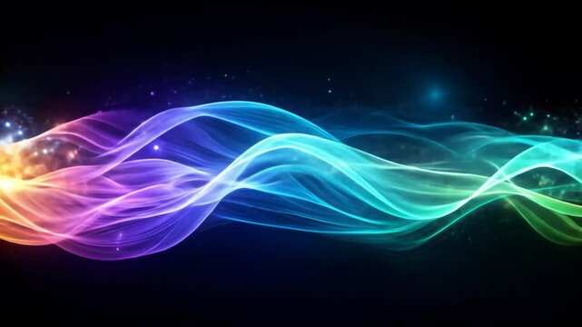 A horizontal wave of multicolored light flows across a dark background, interspersed with sparkling particles.