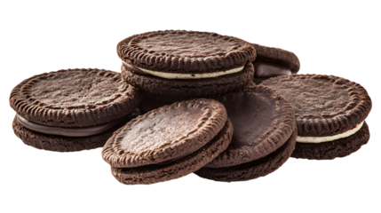 A stack of chocolate oatmeal cookies. The cookies are brown and white. They are piled on top of each other