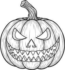 A spooky jackolantern with a menacing grin carved for halloween is ready to greet trick or treaters