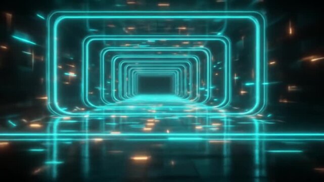 Abstract Neon Tunnel With Teal And Orange Glowing Lights In Futuristic Cyber Space
