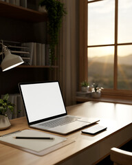 White screen laptop with phone, clipboard and lamp on wooden table aside bookshelf in a living room.