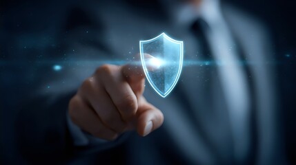 A business professional engaging with a digital security interface, symbolizing protection and technology.