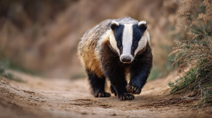 Badger walking on a path in natural light clean background wildlife photography nature image