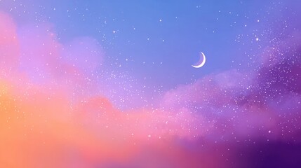 Pastel colored sky with a crescent moon and stars.