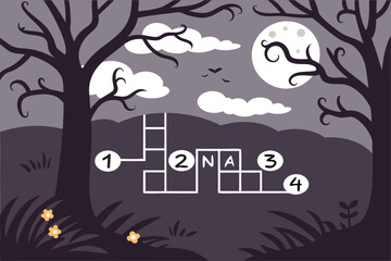 Nighttime crossword puzzle with moon clouds and trees in a dark landscape with flowers and birds