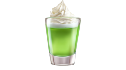 Refreshing green drink served in a clear glass with whipped cream