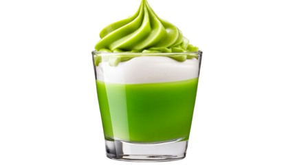 Delicious green dessert with creamy topping in a glass cup