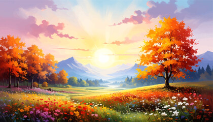 Fototapeta premium Autumn sunset over scenic valley view. Vibrant fall colors with blooming flowers. Fall landscape with glowing orange trees. Beautiful mountain view during autumn. Colorful autumn foliage with sunset