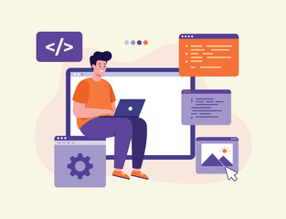 Fototapeta premium Website setup concept for landing page. Man working as programmer, Writing code using laptop, Website developer, Coding software on computer screen flat illustration vector template