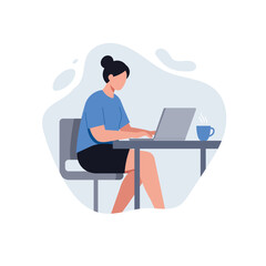 Illustration of a young woman working on a laptop. Vector illustration