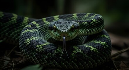 Obraz premium Venomous Viper Snake with Striking Green and Black Scales Ready to Strike in a Lush Forest Environment Detailed Close-Up of a Reptile's Head and Forked Tongue