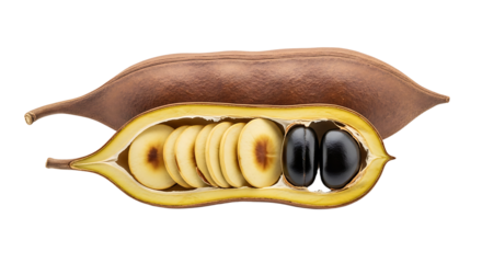 Brown seedpod with sliced seeds and black seeds arranged horizontally showing internal structure.