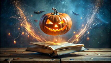 Enchanting halloween magic with a glowing jackolantern hovering over an open book with swirling energy and bats
