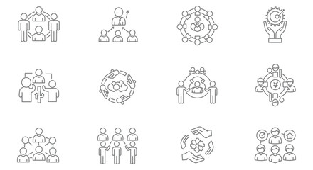 Business Teamwork and Organization Outline Icons Set with Silhouette