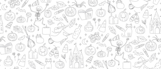 Seamless Halloween Pattern with Witches, Pumpkins, Cats and Castle Cute Doodle Vector
