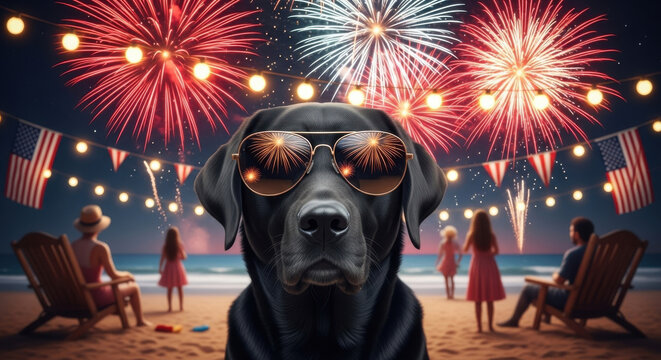 Cool black labrador dog wearing sunglasses enjoys fireworks display on beach with family