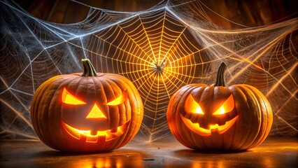 Two menacing jackolanterns with glowing carved faces sit in front of a large, intricate spiderweb on halloween night